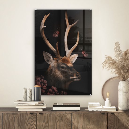 Peinture sur Verre - Cerf - Jungle - Papillon - Fleurs - 40x60 cm - Peintures sur Verre Peintures - Photo sur Glas