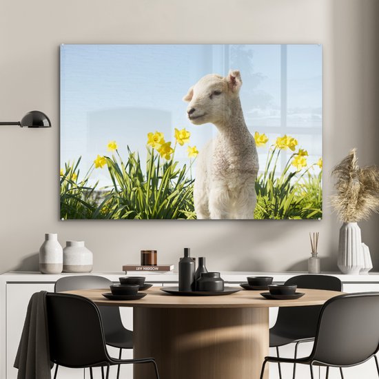 MuchoWow® Peinture sur verre - Mouton - Fleurs - Printemps - 120x80 cm - Peintures sur verre acrylique - Photo sur Glas