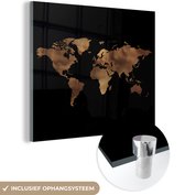 MuchoWow® Glasschilderij 50x50 cm - Schilderij acrylglas - Wereldkaart - Goud - Zwart - Foto op glas - Schilderijen