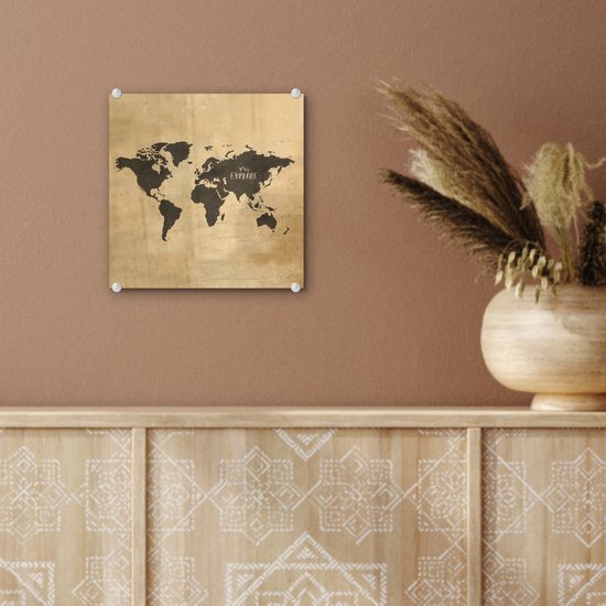 Peinture sur Verre - Carte du Wereldkaart - Vintage - Voyages - 20x20 cm - Peintures sur Verre Peintures - Photo sur Glas