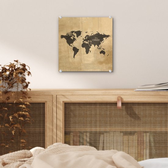 Peinture sur Verre - Carte du Wereldkaart - Vintage - Voyages - 20x20 cm - Peintures sur Verre Peintures - Photo sur Glas