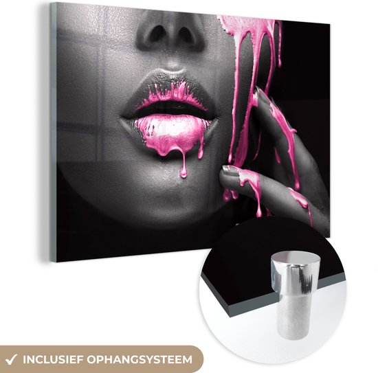 MuchoWow® Glasschilderij 30x20 cm - Schilderij acrylglas - Lippen - Roze - Zwart - Foto op glas - Schilderijen