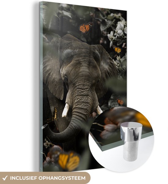 MuchoWow® Glasschilderij 80x120 cm - Schilderij acrylglas - Olifant - Vlinder - Jungle - Foto op glas - Schilderijen