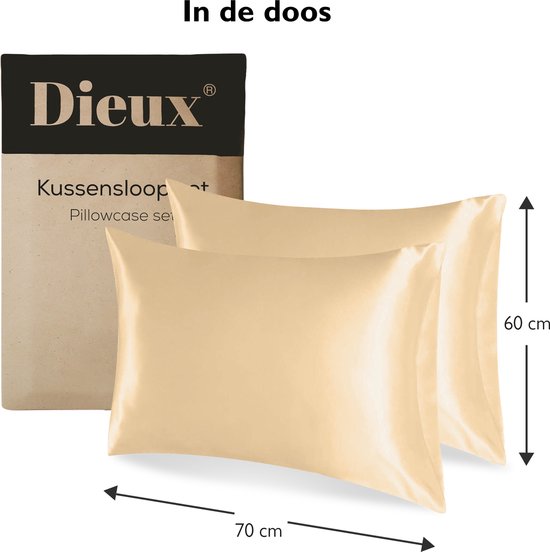 Dieux® - Luxe Satijnen Kussensloop - Champagne - Kussenslopen 60 x 70 cm - set van 2 - Kussensloop Satijn - Anti allergeen - Huidverzorging - Haarverzorging - Dieux®
