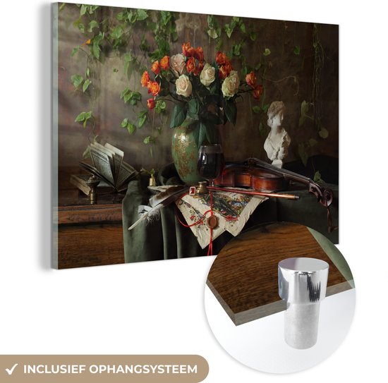 Peinture sur Verre - Fleurs - Violon - Nature Morte - 90x60 cm - Peintures Plexiglas