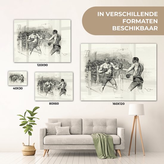 ® Glasschilderij 40x30 cm - Schilderij acrylglas - Een illustratie van een wedstrijd boksen - Foto op glas - Muurdecoratie woonkamer - Wanddecoratie slaapkamer - Schilderijen