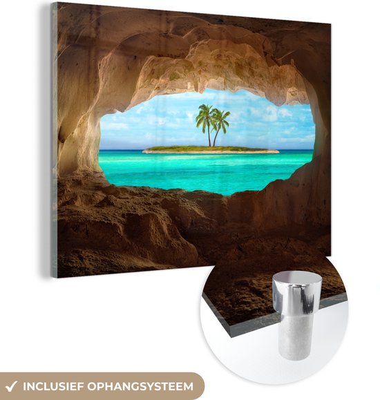 MuchoWow® Glasschilderij 160x120 cm - Schilderij acrylglas - Tropisch - Water - Palmboom - Foto op glas - Schilderijen