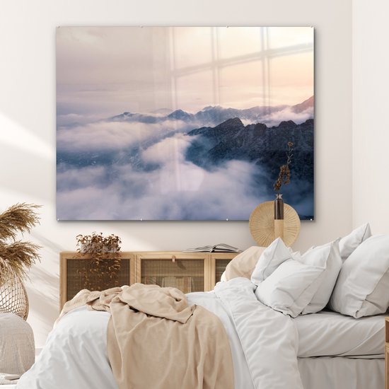 MuchoWow® Peinture sur verre 160x120 cm - Peinture sur verre acrylique - Le brouillard passe sur une chaîne de montagnes - Photo sur verre - Peintures