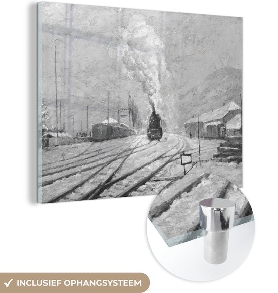 MuchoWow® Glasschilderij 40x30 cm - Schilderij acrylglas - Olieverf schilderij van een locomotief in de winter - zwart wit - Foto op glas - Schilderijen