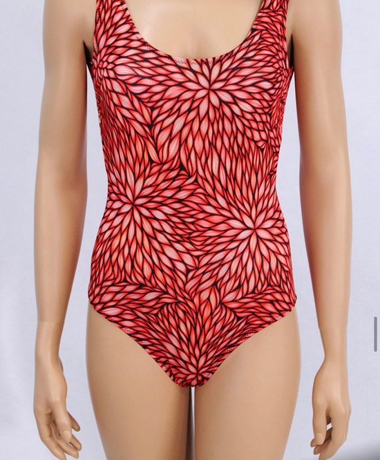 Badpak- Casual Felle kleur Zwempak- Dames Badmode Bikini Badkleding Zwemkleding Strandkleding 429- Rood met bloemendetails- Maat 42/M