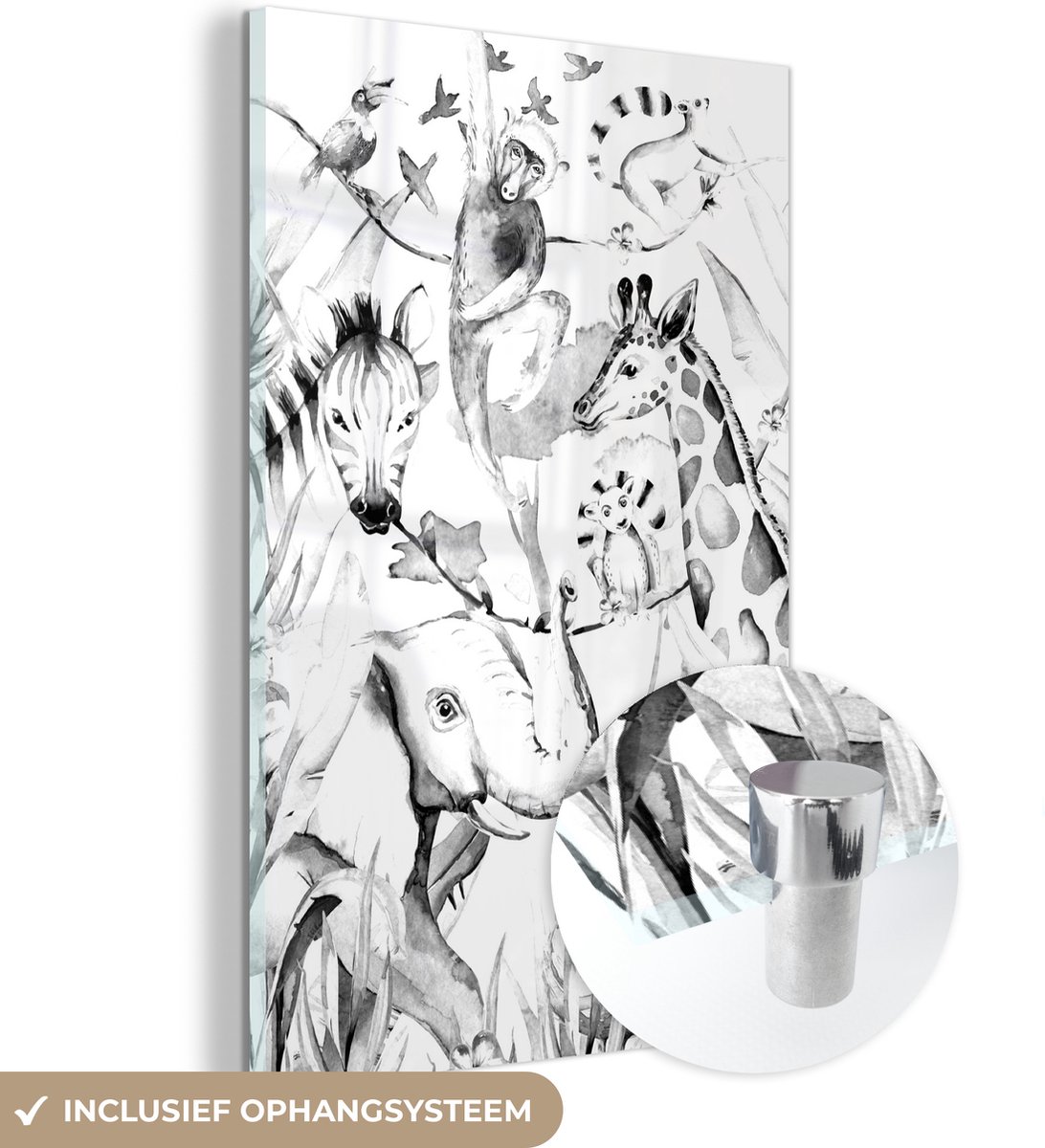 ® Glasschilderij 60x90 cm - Schilderij acrylglas - Dieren - Jungle - Waterverf - Aap - Jongens - Meisjes - Kindje - Foto op glas - Muurdecoratie woonkamer - Wanddecoratie slaapkamer - Schilderijen