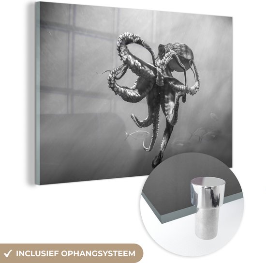 MuchoWow® Glasschilderij 180x120 cm - Schilderij acrylglas - Octopus onder het wateroppervlak - zwart wit - Foto op glas - Schilderijen