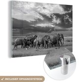 MuchoWow® Glasschilderij 150x100 cm - Schilderij acrylglas - Kudde olifanten bij een meer - zwart wit - Foto op glas - Schilderijen