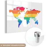 MuchoWow® Glasschilderij 90x60 cm - Schilderij acrylglas - Wereldkaart - Pride vlag - Regenboog - Foto op glas - Schilderijen