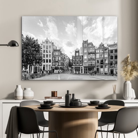 MuchoWow® Peinture sur verre 120x80 cm - Peinture sur verre acrylique - Maisons de canal Amsterdam - noir et blanc - Photo sur verre - Peintures