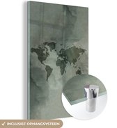 MuchoWow® Glasschilderij 40x60 cm - Schilderij acrylglas - Wereldkaart - Aquarelverf - Groen - Grijs - Foto op glas - Schilderijen