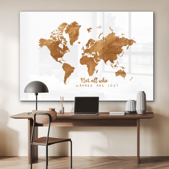 Peinture sur Verre - Carte du Wereldkaart - Bronze - Corde - 180x120 cm - Peintures sur Verre Peintures - Photo sur Glas