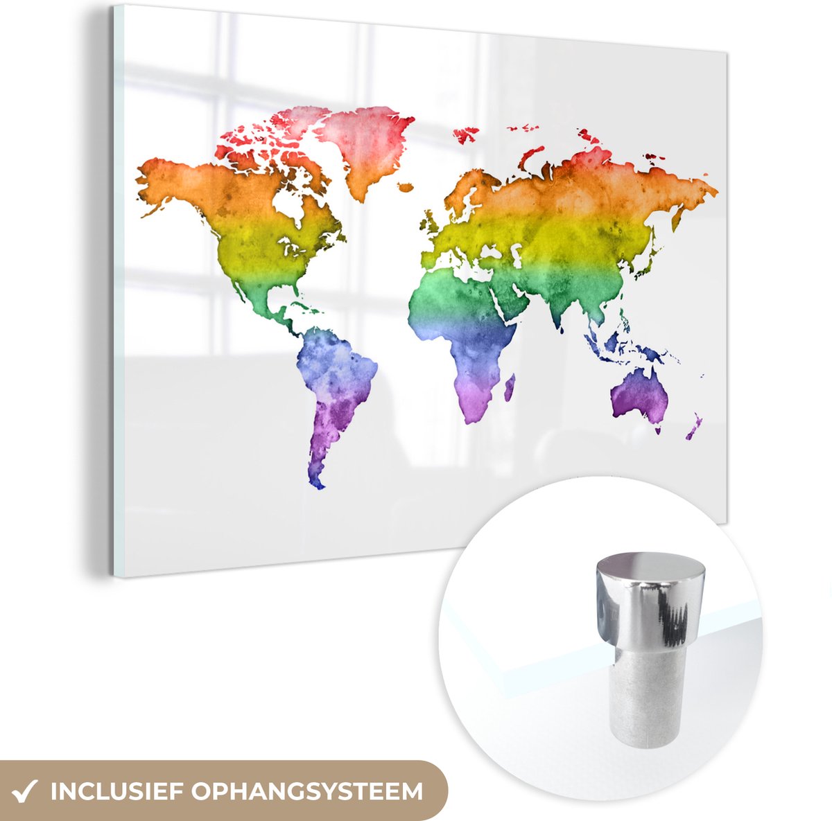 ® Glasschilderij 120x80 cm - Schilderij acrylglas - Wereldkaart - Pride vlag - Waterverf - Foto op glas - Muurdecoratie woonkamer - Wanddecoratie slaapkamer - Schilderijen