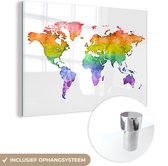 MuchoWow® Glasschilderij 120x80 cm - Schilderij acrylglas - Wereldkaart - Pride vlag - Waterverf - Foto op glas - Schilderijen