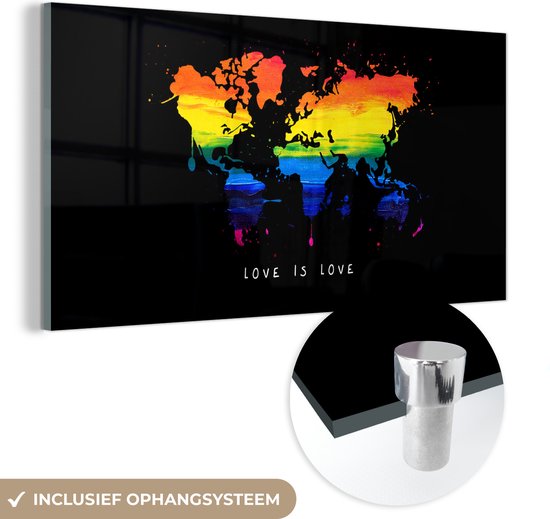 MuchoWow® Glasschilderij 80x40 cm - Schilderij acrylglas - Kaart - Pride vlag - Quote - Love - Foto op glas - Schilderijen