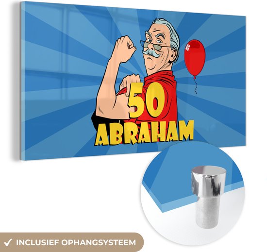 MuchoWow® Glasschilderij 40x20 cm - Schilderij acrylglas - Jubileum cadeau - 50 jaar versiering - Ballon - Man - Abraham - Foto op glas - Schilderijen