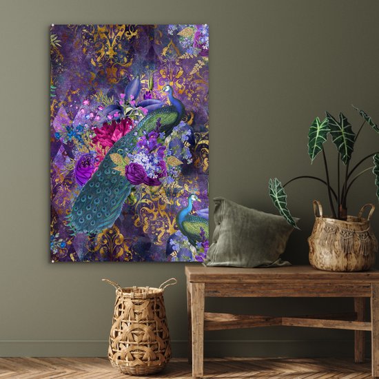 Peinture sur Verre - Motifs - Paon - Violet - Or - 60x90 cm - Peintures Plexiglas