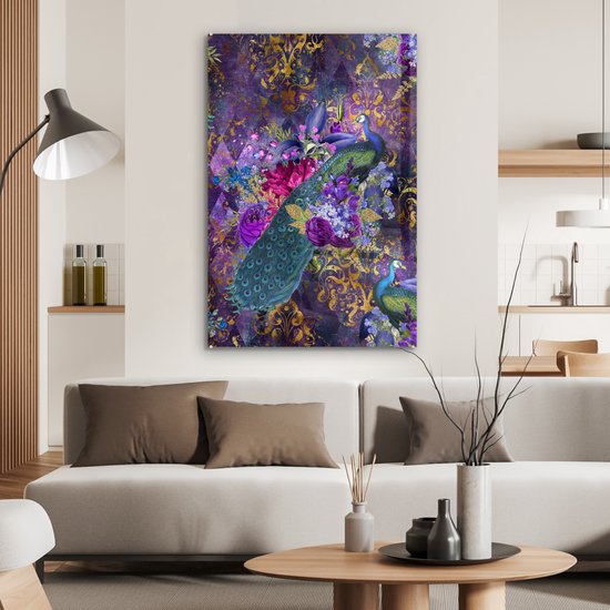 Peinture sur Verre - Motifs - Paon - Violet - Or - 60x90 cm - Peintures Plexiglas