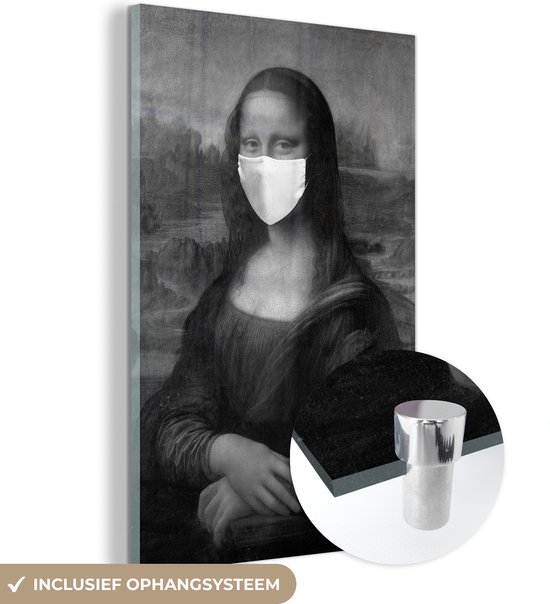 MuchoWow® Glasschilderij 20x30 cm - Schilderij acrylglas - Mona Lisa met een wit mondkapje - schilderij van Leonardo da Vinci - zwart wit - Foto op glas - Schilderijen