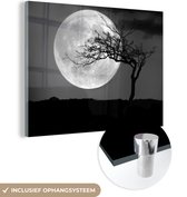 MuchoWow® Glasschilderij 40x30 cm - Schilderij acrylglas - Silhouet van een boom voor de volle maan aan de hemel - zwart wit - Foto op glas - Schilderijen