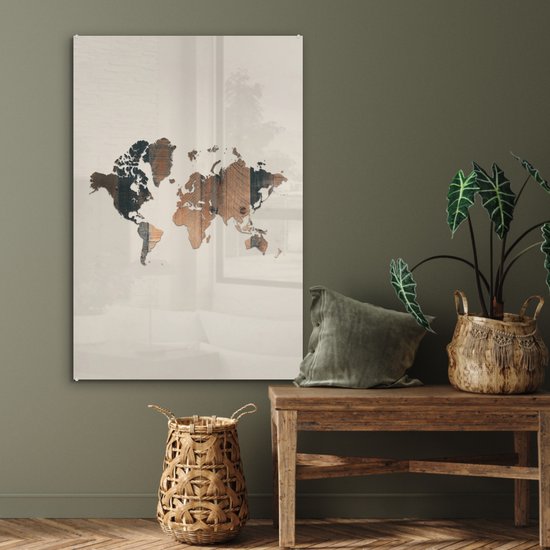 Peinture sur Verre - Carte du Wereldkaart - Planche de Bois - Marron - 80x120 cm - Peintures sur Verre Peintures - Photo sur Glas