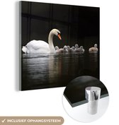 MuchoWow® Glasschilderij 20x20 cm - Schilderij acrylglas - Zwanen - Water - Zwart - Foto op glas - Schilderijen