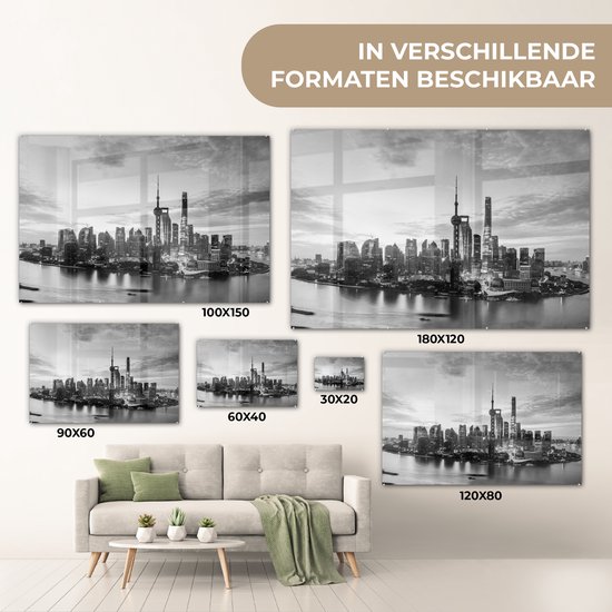 MuchoWow® Peinture sur verre - Shanghai Skyline - noir et blanc - 90x60 cm - Peintures sur verre acrylique - Photo sur Glas