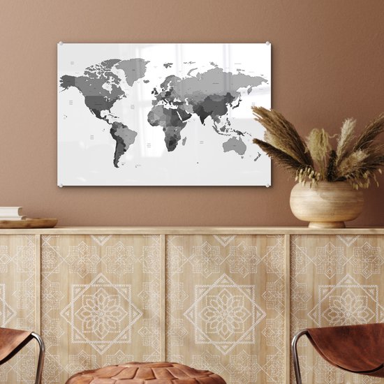 Peinture sur verre - Mappemonde rouge sur fond blanc - noir et blanc - 60x40 cm - Peintures Plexiglas