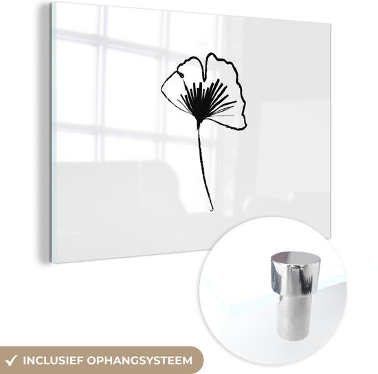 MuchoWow® Glasschilderij 30x20 cm - Schilderij acrylglas - Line art - Bloemen - Zwart - Wit - Foto op glas - Schilderijen