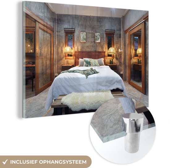 MuchoWow® Glasschilderij - Tropische slaapkamer - 150x100 cm - Acrylglas Schilderijen - Foto op Glas - MuchoWow