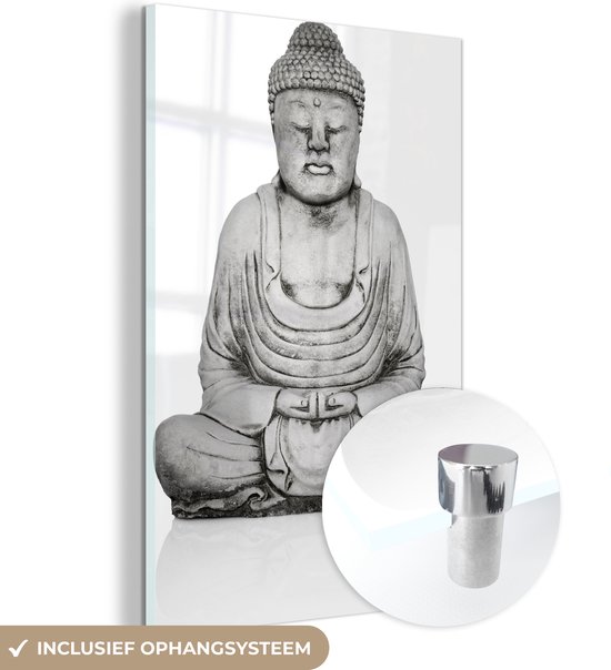 Glasschilderij - Stenen standbeeld van Boeddha - Acrylglas Schilderijen - Foto op Glas