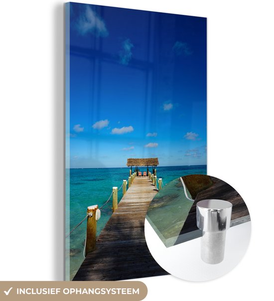 MuchoWow® Glasschilderij 100x150 cm - Schilderij acrylglas - Steiger op de Bahamas - Foto op glas - Schilderijen