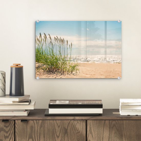 Peinture sur verre MuchoWow® - Brins d'herbe dans les dunes - 30x20 cm - Peintures sur verre acrylique - Photo sur Glas