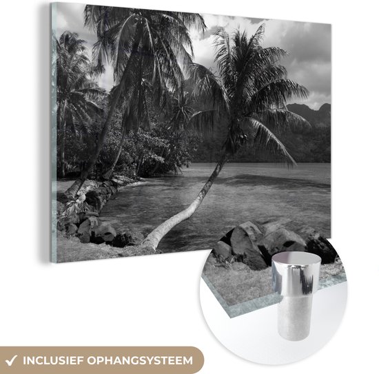 MuchoWow® Glasschilderij 120x80 cm - Schilderij acrylglas - Palmbomen op het strand van Mo'orea in zwart wit - Foto op glas - Schilderijen