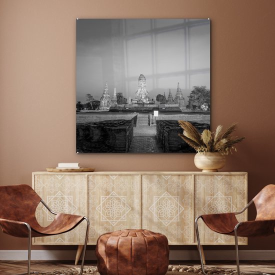 MuchoWow® Peinture sur verre 90x90 cm - Peinture sur verre - Tours Wat Chaiwatthanaram, Thaïlande - Zwart- Wit - Photo sur verre acrylique - Peintures