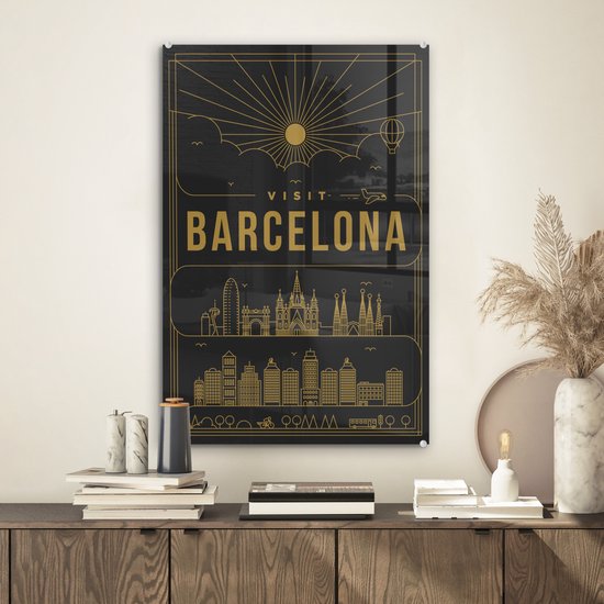 MuchoWow® Glasschilderij 40x60 cm - Schilderij acrylglas - Stadsaanzicht Barcelona - zwart - Foto op glas - Schilderijen