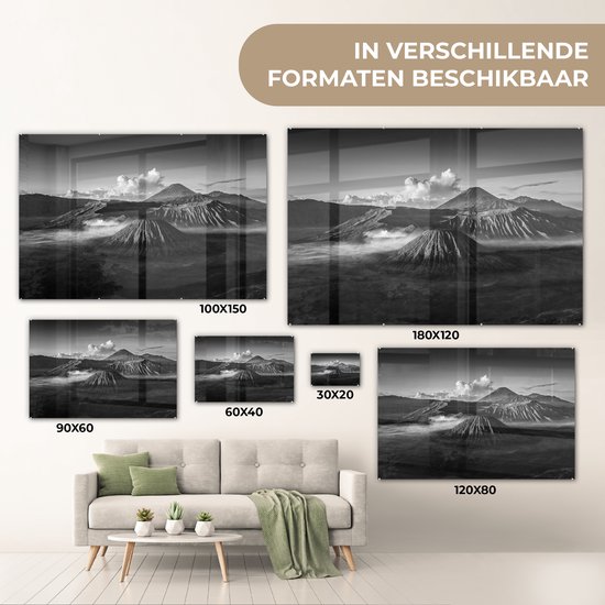 MuchoWow® Peinture sur verre - Indonésie - Volcan - Zwart - Wit - 90x60 cm - Peintures sur verre acrylique - Photo sur Glas