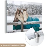 MuchoWow® Glasschilderij 150x100 cm - Schilderij acrylglas - Paarden - Deken - Sneeuw - Foto op glas - Schilderijen