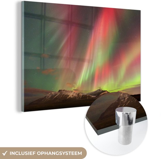 MuchoWow® Peinture sur verre 150x100 cm - Peinture sur verre acrylique - Aurores boréales - Vert - Rose - Berg - Photo sur verre - Peintures