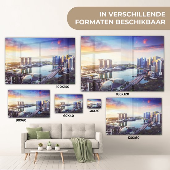 ® Glasschilderij 60x40 cm - Schilderij acrylglas - Skyline van Singapore met hoge torens bij zonsondergang - Foto op glas - Muurdecoratie woonkamer - Wanddecoratie slaapkamer - Schilderijen