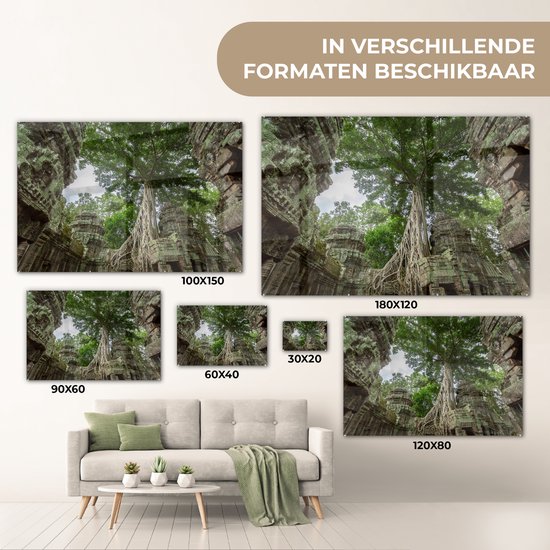 Peinture sur verre MuchoWow® 90x60 cm - Peinture acrylique sur verre - Temple Ta Prohm envahi par la végétation au Cambodge - Photo sur verre - Peintures