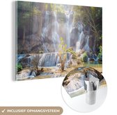 MuchoWow® Glasschilderij 90x60 cm - Schilderij acrylglas - Waterval - Zon - Natuur - Foto op glas - Schilderijen