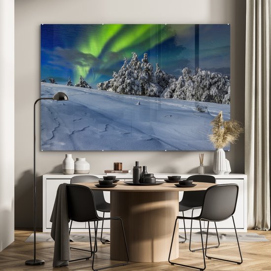 MuchoWow® Peinture sur verre 180x120 cm - Peinture sur verre - Aurores boréales - Neige - Arbre - Hiver - Photo sur verre acrylique - Peintures
