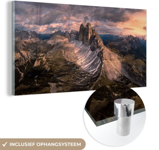 MuchoWow® Glasschilderij 80x40 cm - Schilderij acrylglas - Alpen - Zonsondergang - Sneeuw - Berg - Foto op glas - Schilderijen