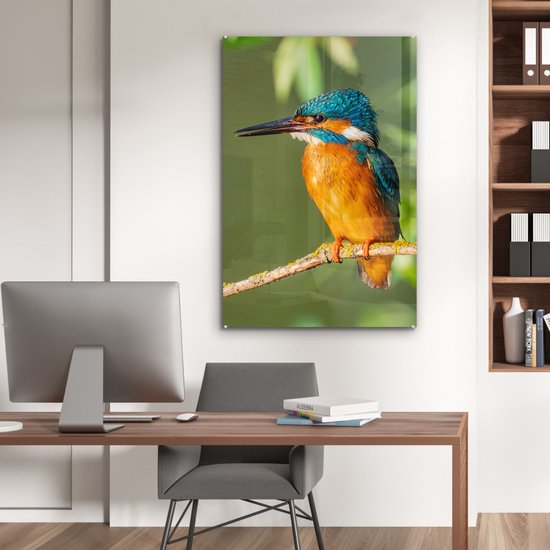 Peinture sur verre - Photo sur verre - Vogel - Martin-pêcheur - Branche - Feuilles - 60x90 cm - Verre acrylique - Décoration murale murale - Peinture sur verre oiseaux - Peinture sur verre - Peinture sur verre animaux - Peintures de salon
